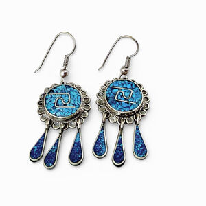 Vintage Alpaca Silver Turquoise Inlay Dangle Earrings Southwestern Mexican Jewel